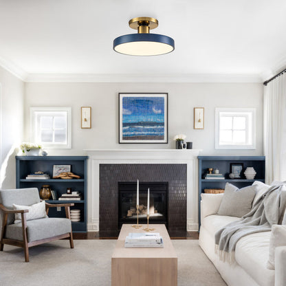 16-Inch Round LED Semi-Flush Ceiling Fixture Navy Blue with Brass Trim Dimmable 5 Color Temperatures for Bedroom Living Room Kitchen Hallway