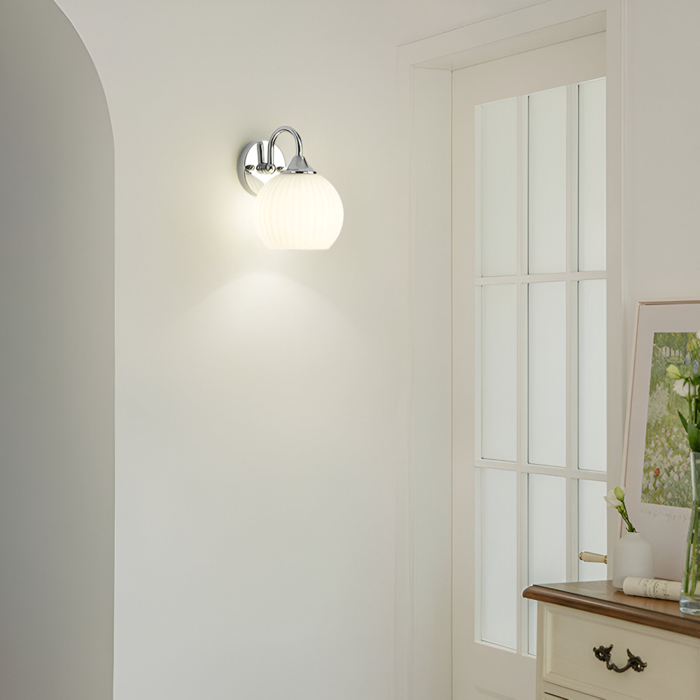 Contemporary Spherical Glass Wall Lamp with Striped Design and LED Compatibility