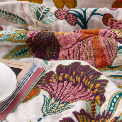 Cora Blanket Throw - 100% Cotton, Reversible Floral Design