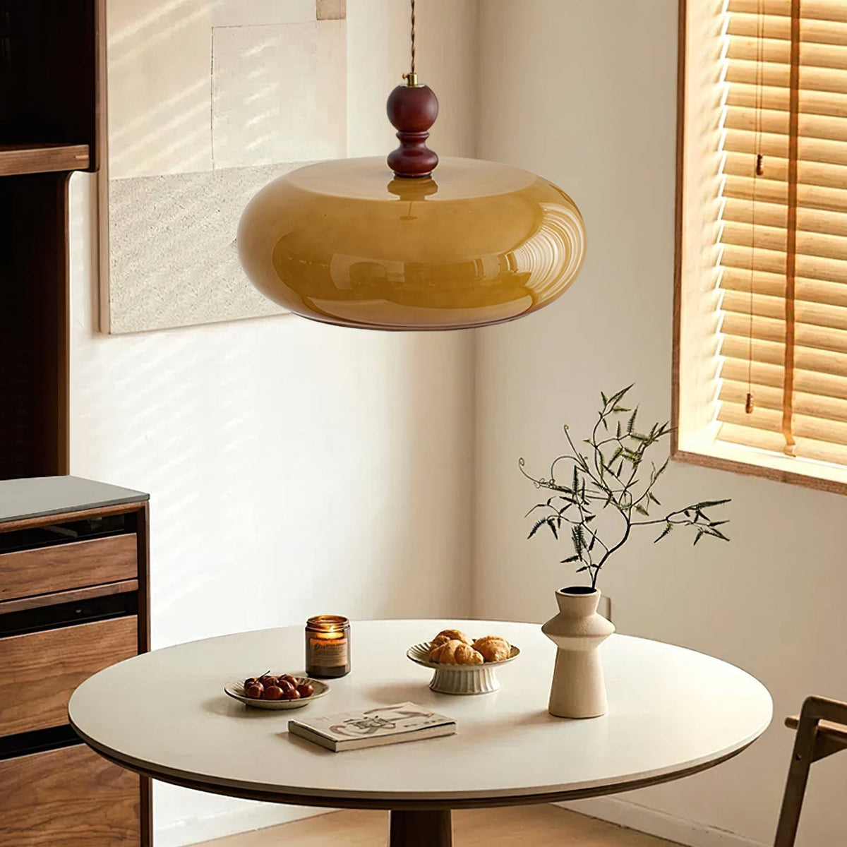 Glass Dome Ceiling Light 16-Inch Walnut Accent for Kitchen Island Dining Table Adjustable Height Modern Hanging Fixture