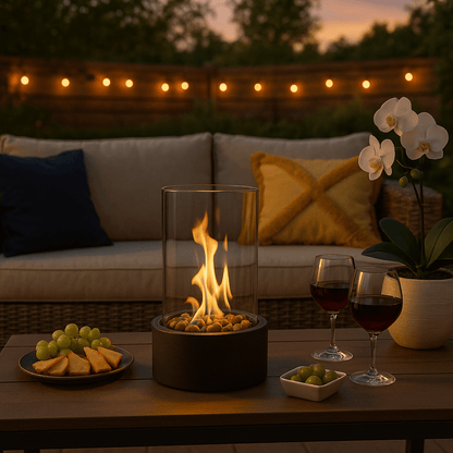 Tabletop Bioethanol Fireplace with Real Flame | Smokeless Indoor Outdoor Fire Bowl | Scandinavian Glass & Metal Table Fire Pit | Modern