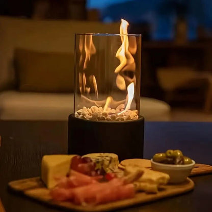 Tabletop Bioethanol Fireplace with Real Flame | Smokeless Indoor Outdoor Fire Bowl | Scandinavian Glass & Metal Table Fire Pit | Modern