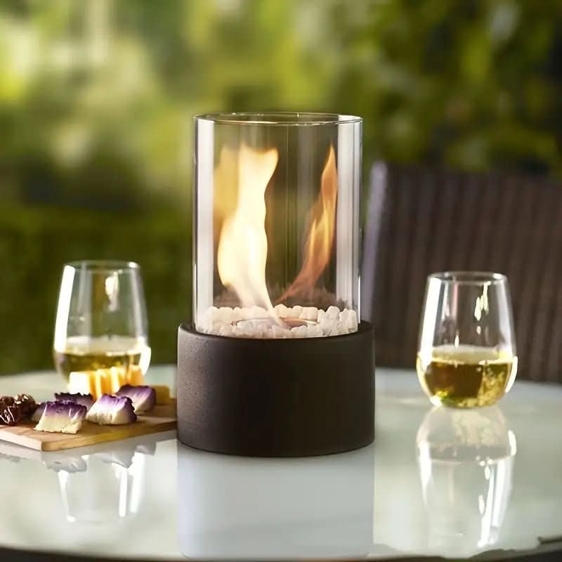 Tabletop Fireplace Bioethanol Burner 8.7 Inch Metal Glass Portable Indoor Outdoor Centerpiece Flame Decor for Patio Dining Living Room