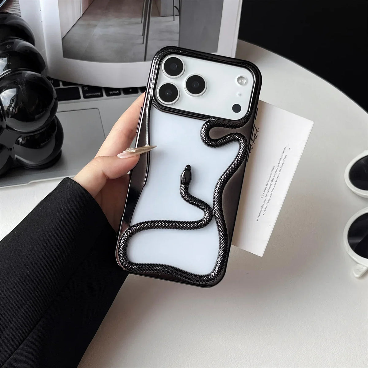 Serpent-Embossed Protective iPhone Case with Raised Edges for 12-17 Models – Shock-Absorbing Hard Shell with Metallic or Matte Finish