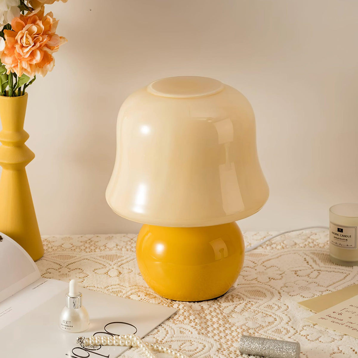 Ceramic Accent Lamp with Enamel Shade 11.4 in Beige for Nightstands Bedrooms Living Rooms Study Desks Side Tables E14 Socket 15W Soft Glow