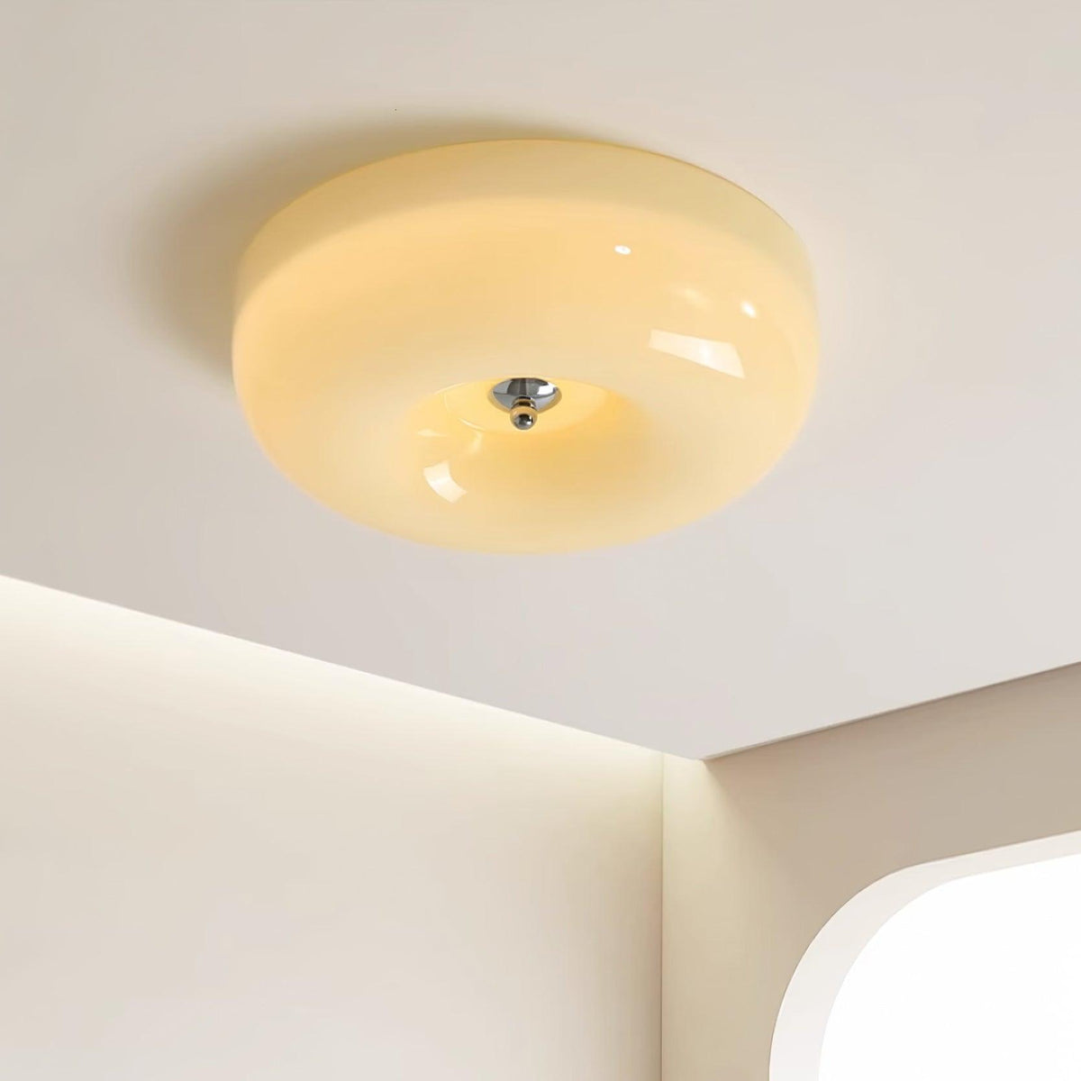 Glass Dome Flush Mount Light Fixture 16 in Cream Round LED Ceiling Lamp for Bedroom Living Room Dining Room Low Profile Dimmable Modern Home