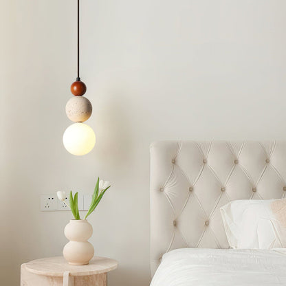 Stone Hanging Lamp for Bedroom Nightstand 4.7 in Cream Finish Soft LED Glow Modern Suspended Lighting Above Bedside Compact Space-Saving Cor