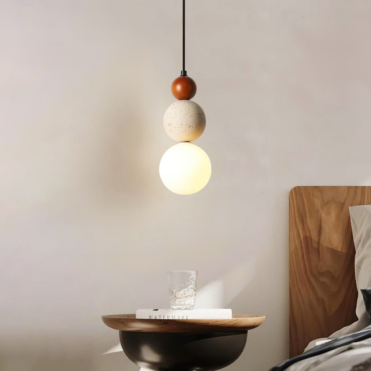 Stone Hanging Lamp for Bedroom Nightstand 4.7 in Cream Finish Soft LED Glow Modern Suspended Lighting Above Bedside Compact Space-Saving Cor