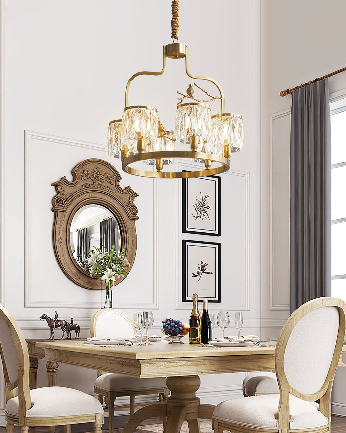 Crystal Hanging Light Fixture with Brass Frame 22 Inch for Dining Room Living Room Foyer Indoor Ceiling Lighting Classic Elegant Design