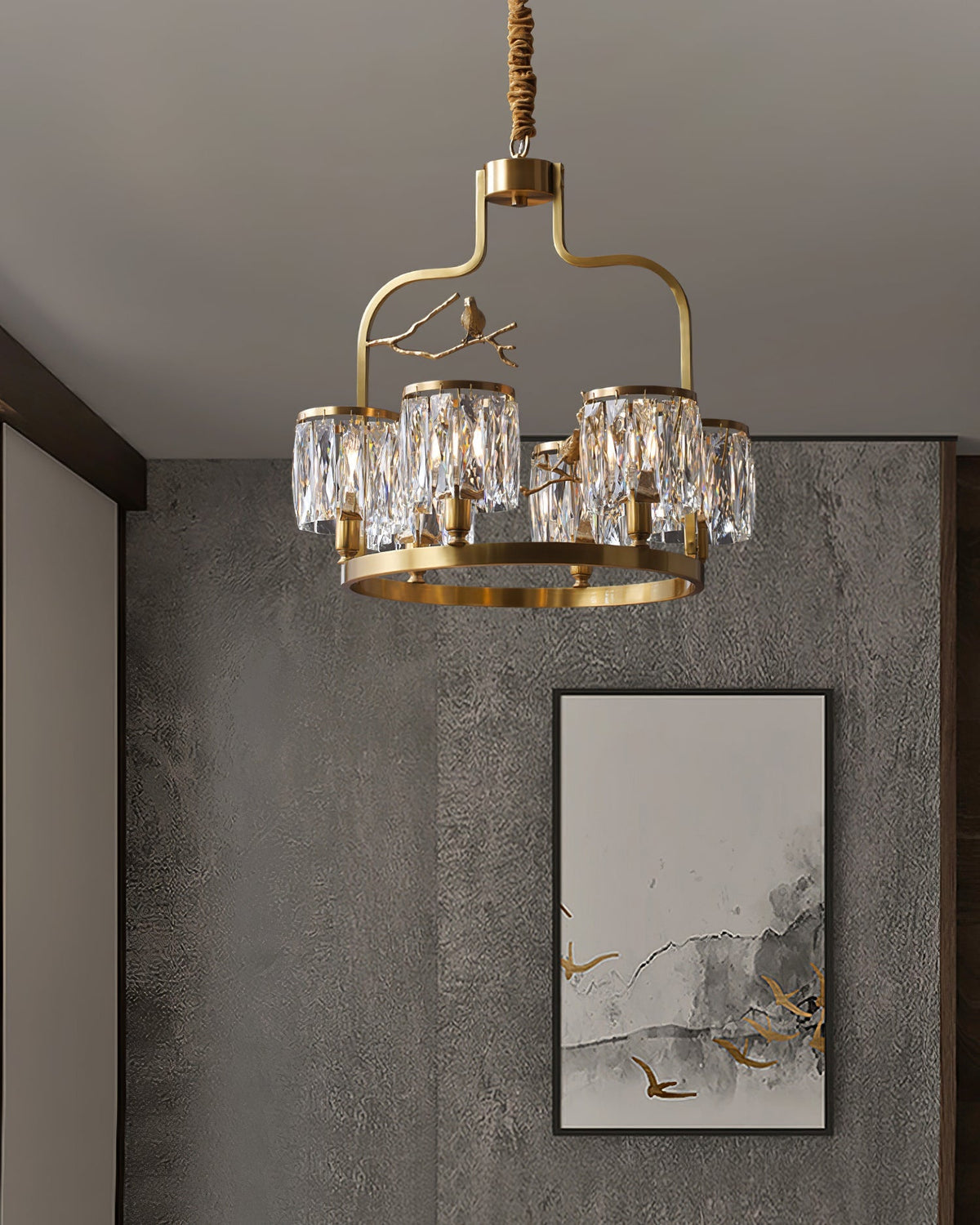 Crystal Hanging Light Fixture with Brass Frame 22 Inch for Dining Room Living Room Foyer Indoor Ceiling Lighting Classic Elegant Design