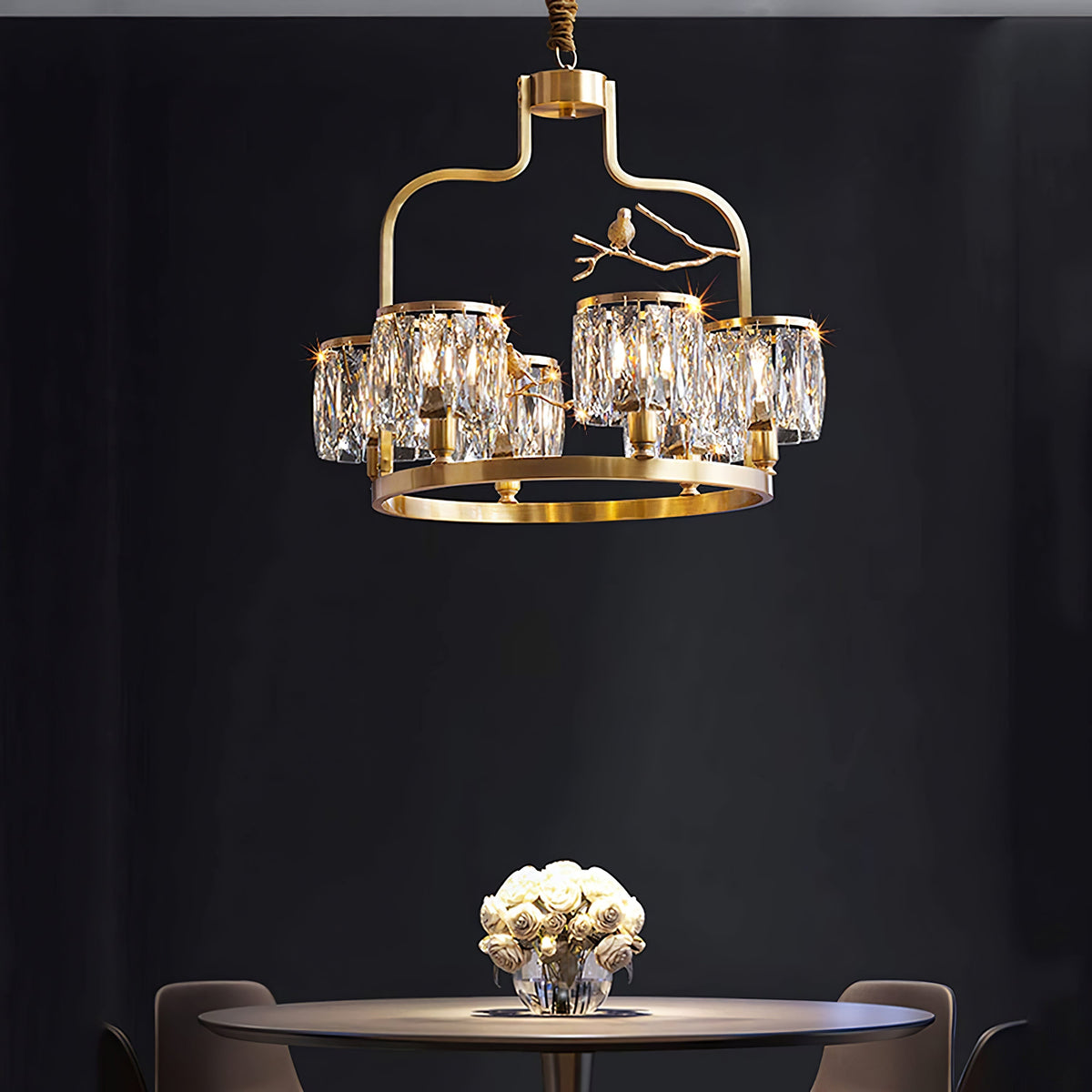 Crystal Hanging Light Fixture with Brass Frame 22 Inch for Dining Room Living Room Foyer Indoor Ceiling Lighting Classic Elegant Design