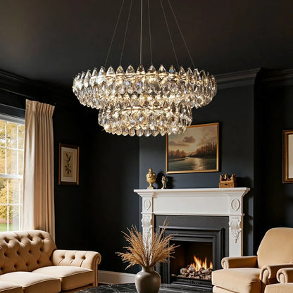 Double Ring Crystal Ceiling Light with Adjustable Height for Dining Room Living Room | Three Color Temperatures Chrome Finish | Teardrop Pen