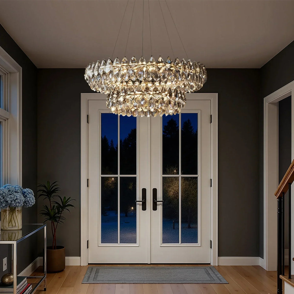 Double Ring Crystal Ceiling Light with Adjustable Height for Dining Room Living Room | Three Color Temperatures Chrome Finish | Teardrop Pen