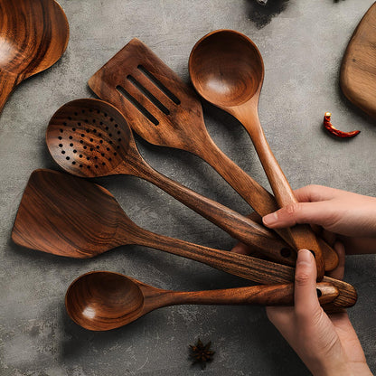 6-Piece Teak Wood Cooking Utensil Set – Natural Wooden Spatula, Ladle & Spoon Collection for Nonstick Cookware – Heat-Safe Kitchen Tools