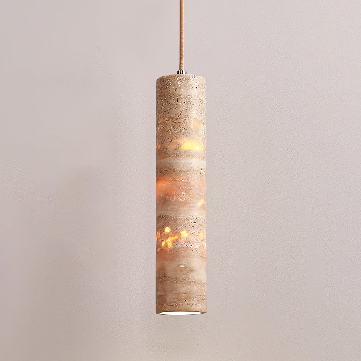 Stone Drop Fixture E27 Cord-Adjust Beige 2.4 in Diameter Kitchen Island Bar Counter Dining Room Travertine Finish 10-14 in Natural Cylinder