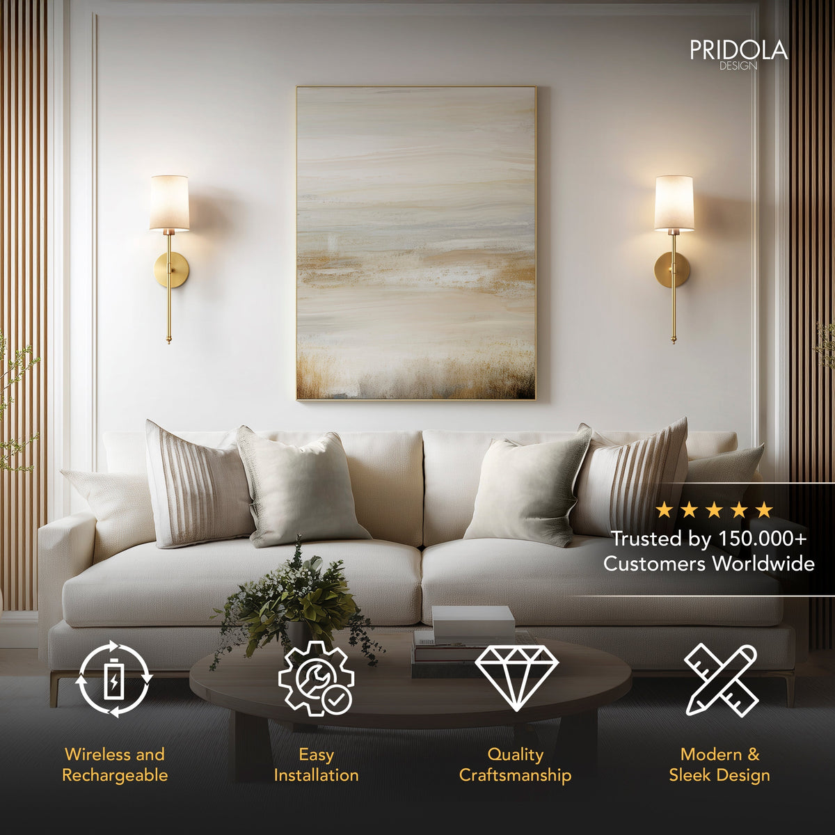 Rechargeable Sconce Set with Fabric Shade 20 in Height Wireless Installation RGB Dimmable Bedside Lights for Home Brushed Metal Finish Set o