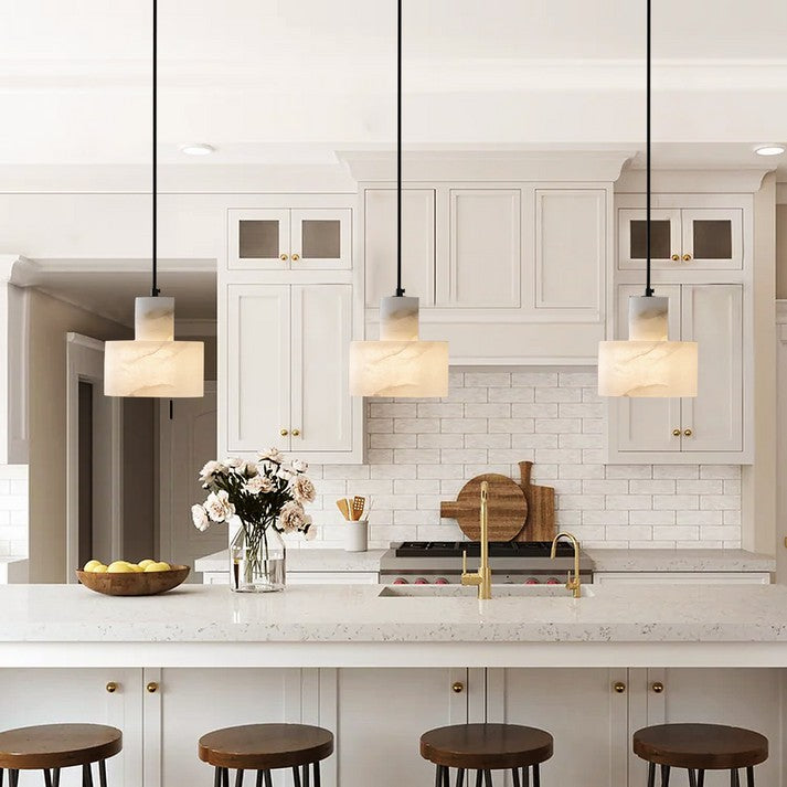 Stone Cylinder Hanging Lamp White Adjustable Drop Ceiling Fixture for Kitchen Island Dining Room Bedroom Hallway Natural Alabaster E27 Socke