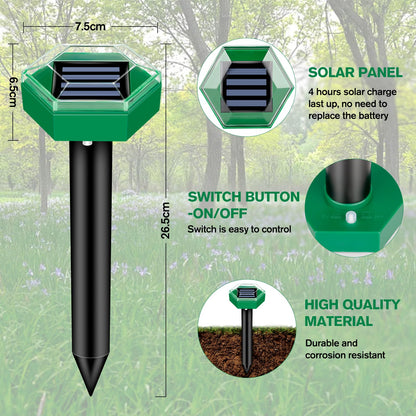 Solar Ultrasonic Pest Repeller Stake 4-Pack for Yard – Drives Away Burrowing Animals with Sonic Pulses – Waterproof Garden Defense for