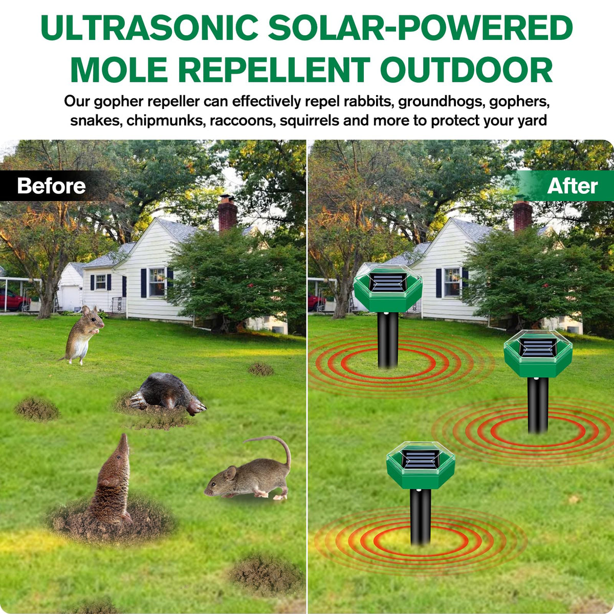 Solar Ultrasonic Spikes for Mole Repelling | 4-Pack Gopher & Vole Control