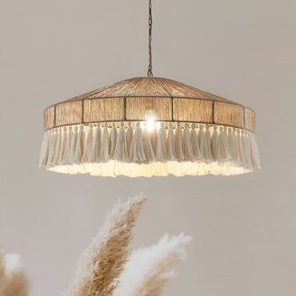 Woven Natural Fiber Ceiling Light Fixture with Tassel Detail for Dining Room, Bedroom & Living Room | Handcrafted Bohemian Style