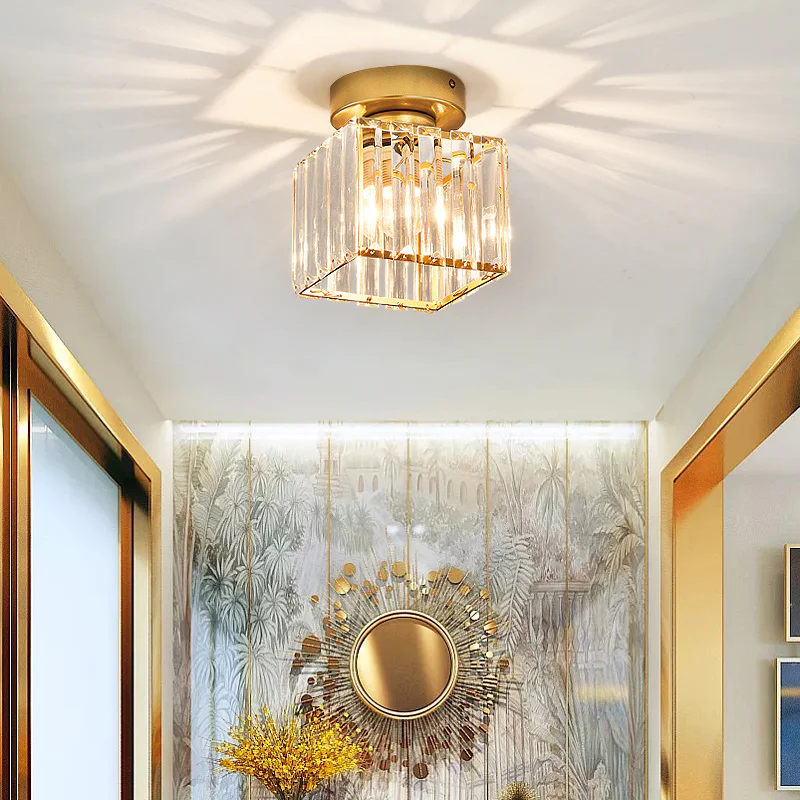 Decorative Flush Mount Light Fixture with Glass Cube and Metal Accents E27 Socket for Entryway Bedroom Small Room Ambient Overhead Lighting