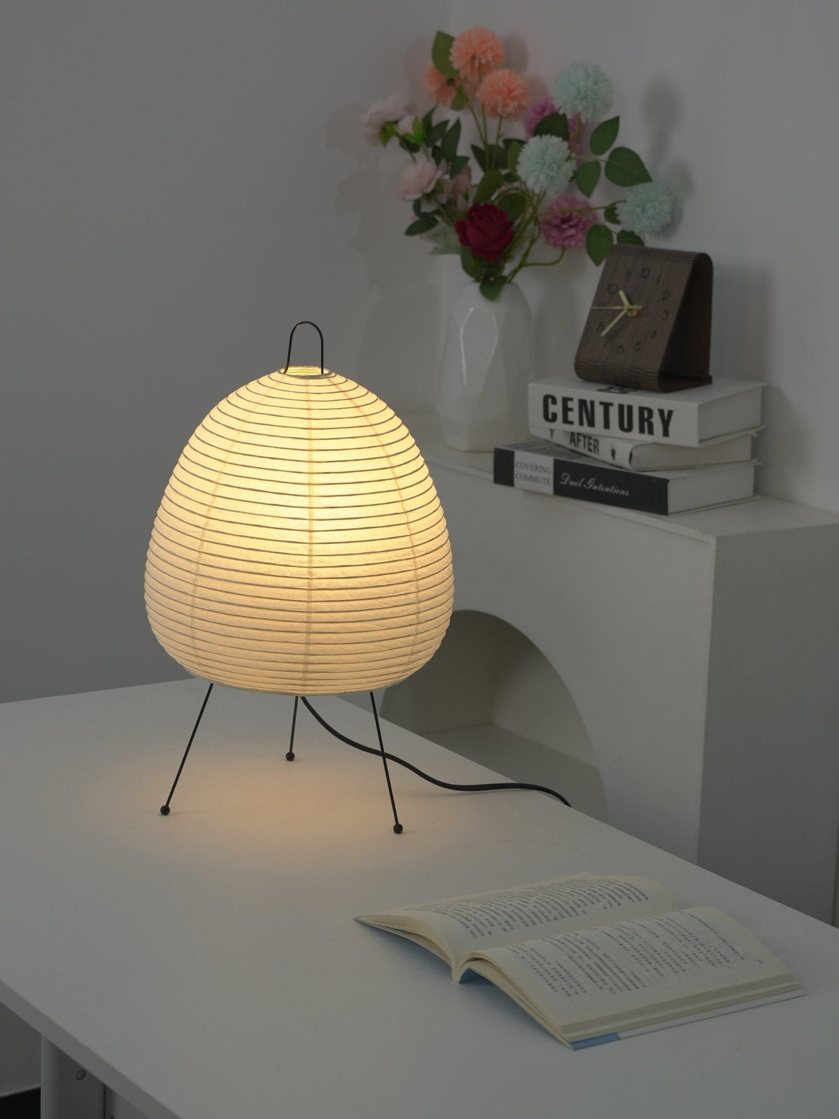Handcrafted Paper Shade Accent Lamp 10 in Wide Warm Glow LED Bedside Nightlight for Bedroom Office Desktop Reading Nook Minimalist Japanese