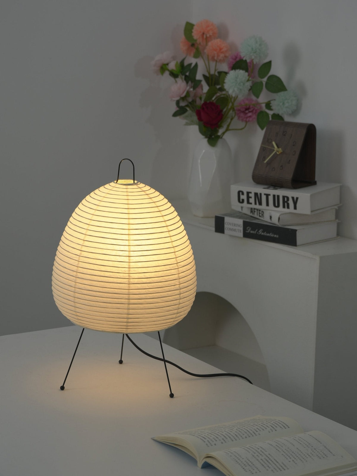 Handcrafted Paper Shade Accent Lamp 10 in Wide Warm Glow LED Bedside Nightlight for Bedroom Office Desktop Reading Nook Minimalist Japanese