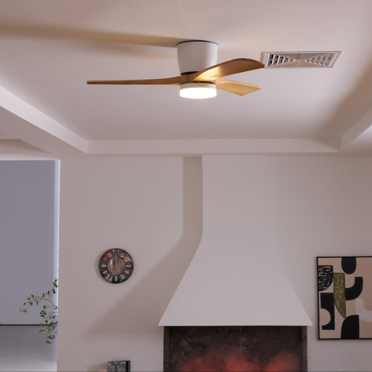 Wood Blade Ceiling Fan with Integrated LED Light and Remote Control for Bedroom Living Room Quiet DC Motor Airflow Year-Round Comfort Scandi