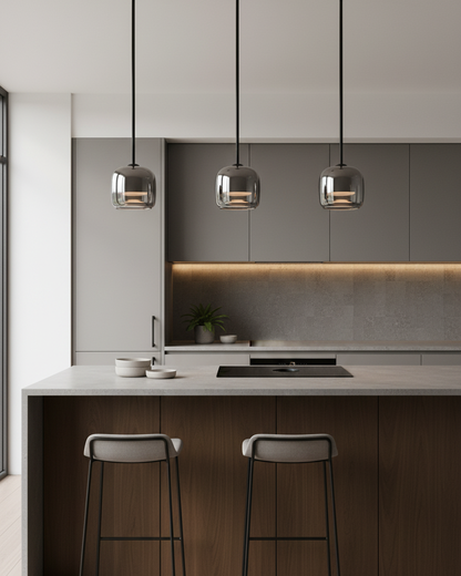 Glass Hanging Lamp 6.3 Inch Smoke Gray LED for Kitchen Island Dining Area Ceiling Mount Modern Minimalist Interior Lighting