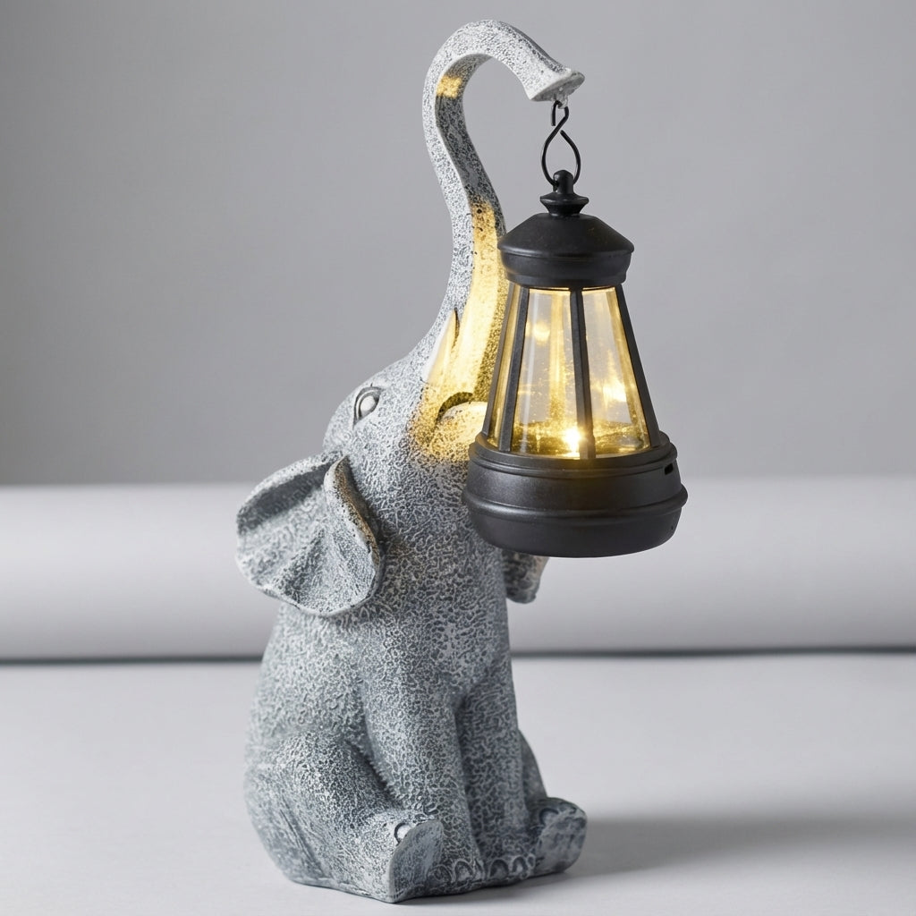 Solar Outdoor Elephant Figurine Light with Warm Glow for Patio Pathway Garden Accent Decor Weatherproof Auto-On Dusk Sensing Statue Lantern