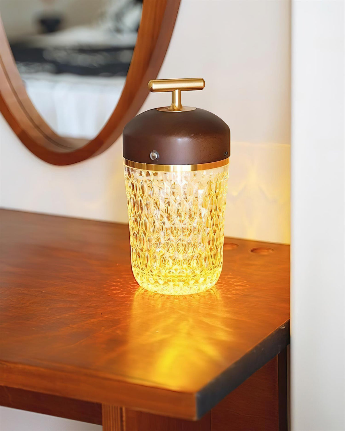 Rechargeable Crystal Desk Lamp with Wood Accents & USB Port – 11 in Cordless LED Reading Light for Nightstand, Office, Bedroom, Patio