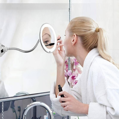 Flexible LED Makeup Mirror with 10X Magnification for Bathroom Vanity – Adjustable Gooseneck, Suction Mount, Natural Daylight for Skincare