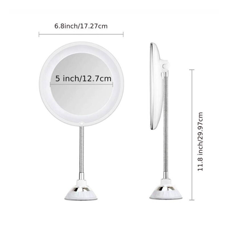 Flexible LED Makeup Mirror with 10x Magnification | Suction Mount Vanity Mirror with Adjustable Gooseneck Arm for Bathroom | Illuminated