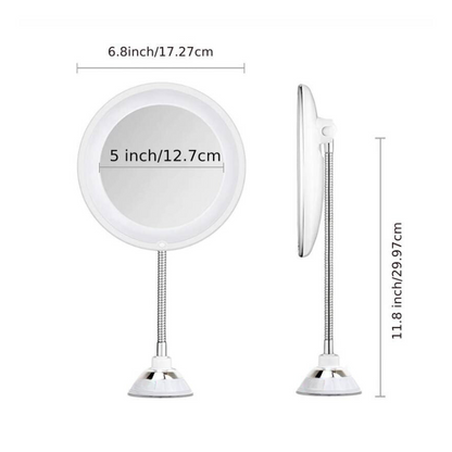 Flexible LED Makeup Mirror with 10X Magnification for Bathroom Vanity – Adjustable Gooseneck, Suction Mount, Natural Daylight for Skincare