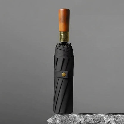 Windproof Auto-Open Compact Umbrella with Wood Grip for Rain & Travel – Large Canopy Folding Design for Golf, Commute & Everyday Storm