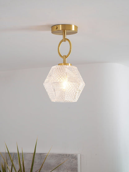 Geometric Glass Pendant Light with Faceted Shade | Polished Metal Hanging Fixture for Kitchen Island Entryway Breakfast Nook Hallway