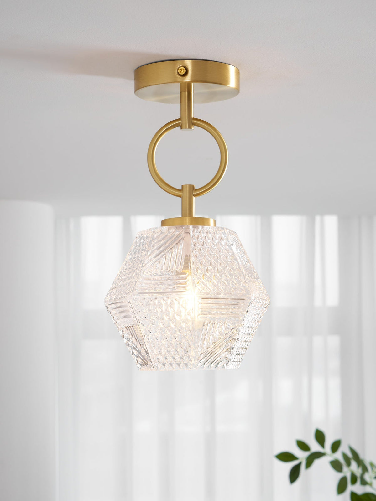 Geometric Glass Pendant Light with Faceted Shade | Polished Metal Hanging Fixture for Kitchen Island Entryway Breakfast Nook Hallway