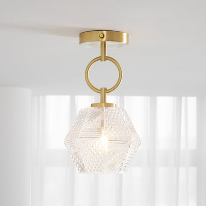 Geometric Glass Pendant Light with Faceted Shade | Polished Metal Hanging Fixture for Kitchen Island Entryway Breakfast Nook Hallway