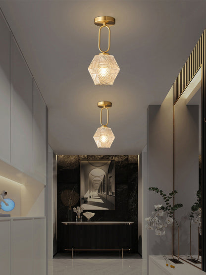 Geometric Glass Pendant Light with Faceted Shade | Polished Metal Hanging Fixture for Kitchen Island Entryway Breakfast Nook Hallway