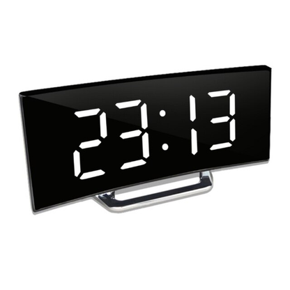 Modern Curved LED Digital Alarm Clock with Auto-Dimming Mirror Display for Bedroom and Office