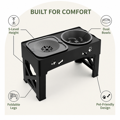 Ortekor Adjustable 5-Height Foldable Elevated Pet Feeder