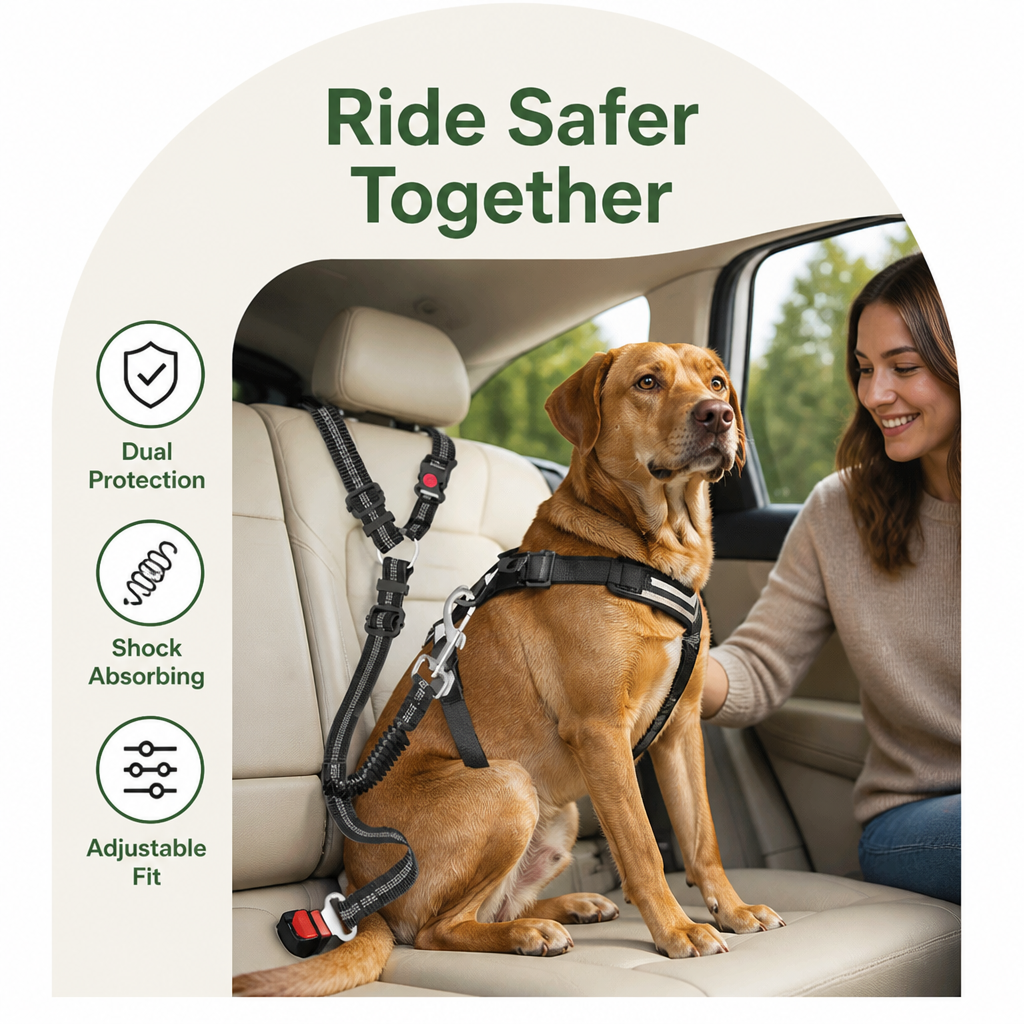 Ortekor Dual-Safety Shock-Absorbing Dog Car Seat Belt (Adjustable 16-26 in)