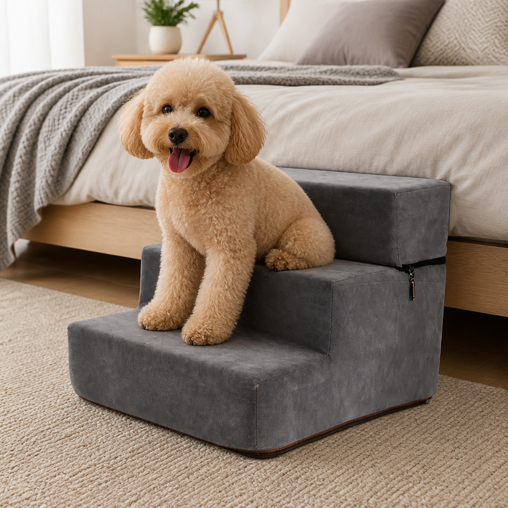 Ortekor Foldable Non-Slip Faux Fleece Pet Stairs (3-Step Removable Cover)