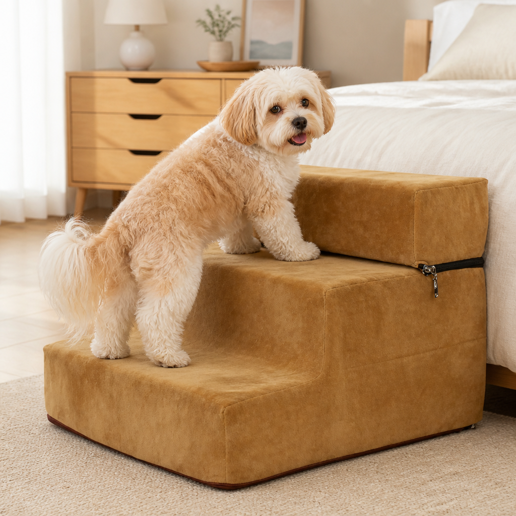 Ortekor Foldable Non-Slip Faux Fleece Pet Stairs (3-Step Removable Cover)