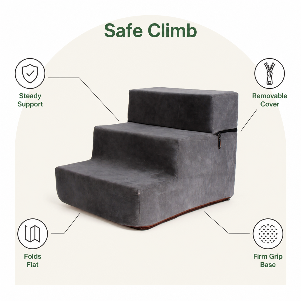 Ortekor Foldable Non-Slip Faux Fleece Pet Stairs (3-Step Removable Cover)