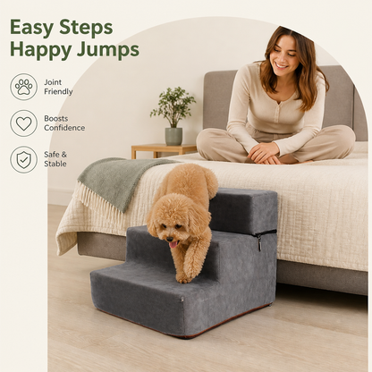 Ortekor Foldable Non-Slip Faux Fleece Pet Stairs (3-Step Removable Cover)