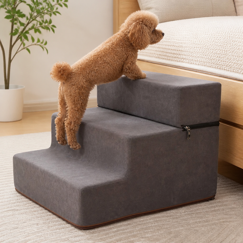 Ortekor Foldable Non-Slip Faux Fleece Pet Stairs (3-Step Removable Cover)