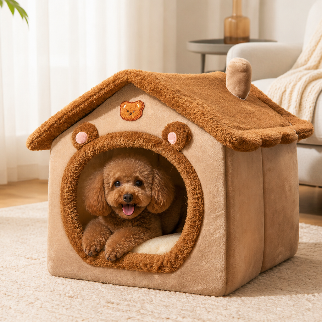 Ortekor Foldable Plush Velvet & Flannelette Pet House (Removable Washable Cushion)
