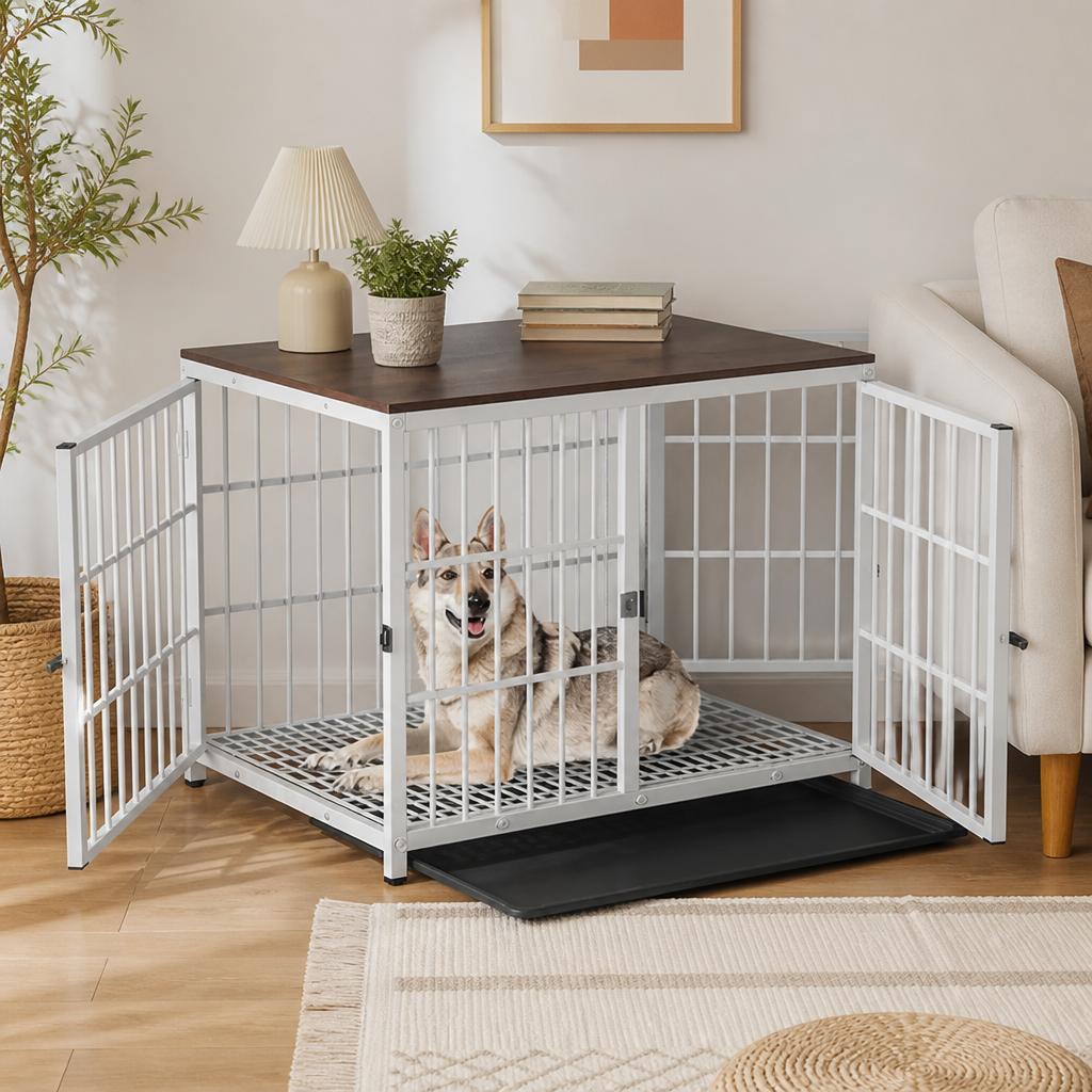 Ortekor Heavy-Duty 3-Door Furniture Dog Crate (Removable Sliding Tray)