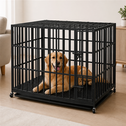 Ortekor Heavy-Duty Metal 3-Door Dog Crate (Lockable Wheels)